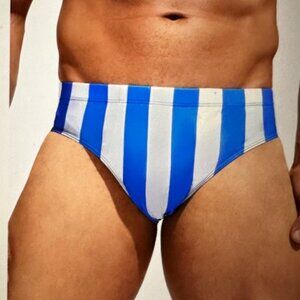 Brand New Men Striped Print Swim Brief Light Blue & White Various